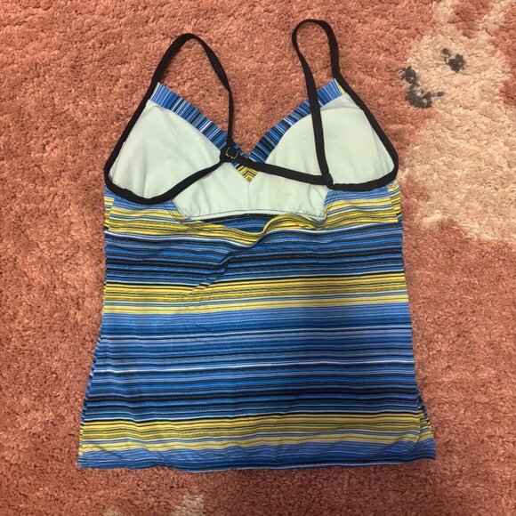Nike Women Swimwear M/10 Blue Green Striped Tankini Cropped Swoosh Logo V Neck - Picture 3 of 6